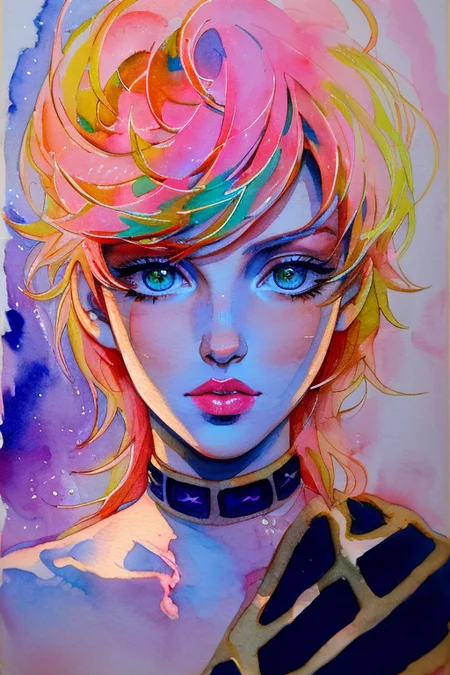 (8k, best quality, masterpiece:1.2),(best quality:1.0), (ultra highres:1.0), watercolor, trishuna, by agnes cecile, half body portrait, extremely luminous bright design, pastel colors, (ink:1.3), autumn lights