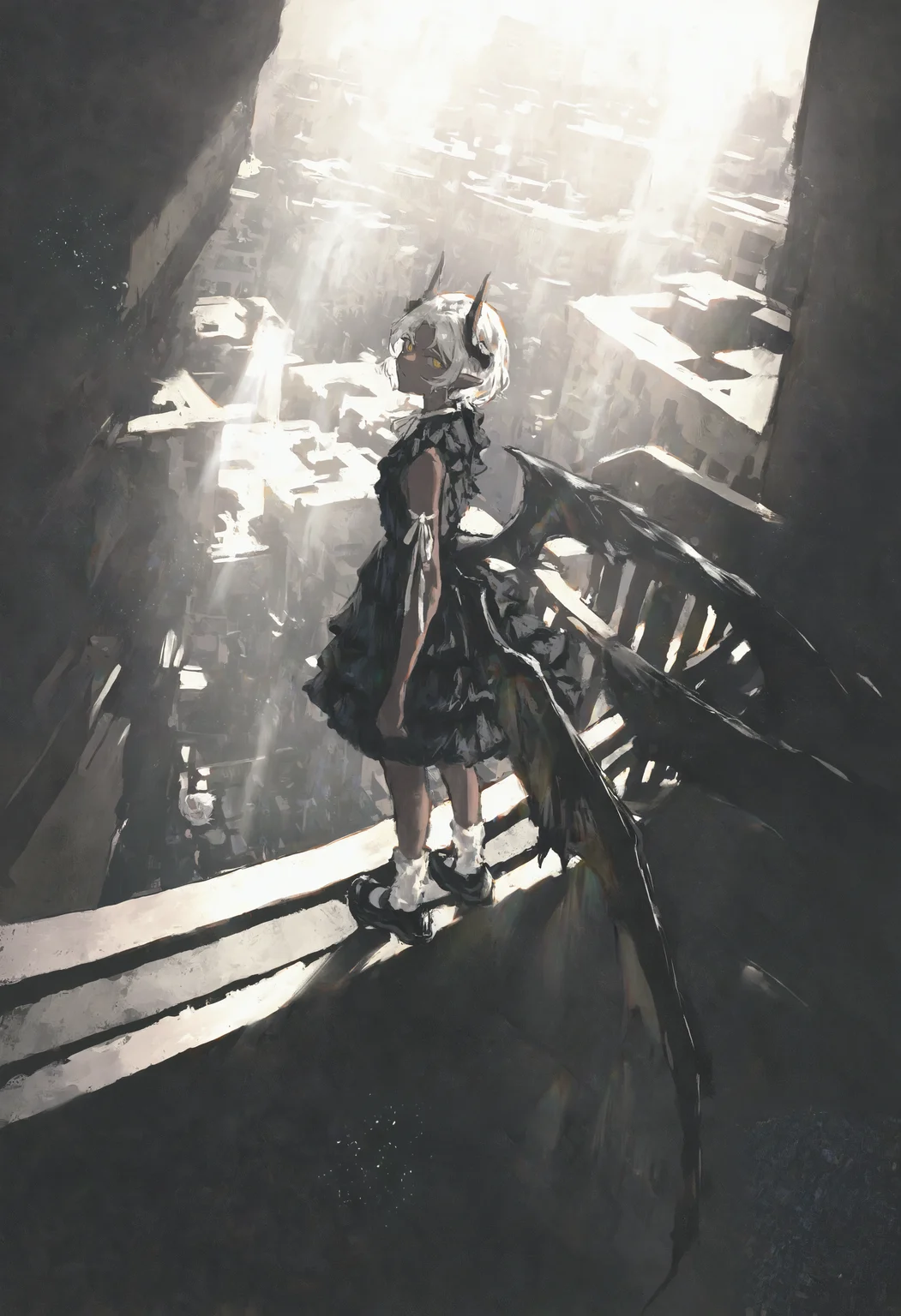 masterpiece, highres, absurdres, newest, very awa, painting (medium), wide shot, 1girl, solo, dark-skinned female, short hair, parted bangs, white hair, pointy ears, yellow eyes, horns, demon wings, low wings, frilled dress, black dress, sleeveless dress, neck ribbon, arm ribbon, white ribbon, winged footwear, black footwear, white socks, from behind, from above, dutch angle, rooftop, standing on ledge, building, sky, city, sunlight, sunbeam, looking up at viewer, <lora:spo_sdxl_10ep_4k-data_lora_webui>, <lora:NOOB_EPSv1_1_detailer_by_vlnvk_v1_0>, <lora:shiej007>