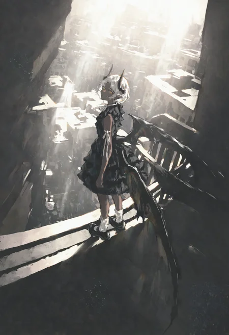 masterpiece, highres, absurdres, newest, very awa, painting (medium), wide shot, 1girl, solo, dark-skinned female, short hair, parted bangs, white hair, pointy ears, yellow eyes, horns, demon wings, low wings, frilled dress, black dress, sleeveless dress, neck ribbon, arm ribbon, white ribbon, winged footwear, black footwear, white socks, from behind, from above, dutch angle, rooftop, standing on ledge, building, sky, city, sunlight, sunbeam, looking up at viewer, <lora:spo_sdxl_10ep_4k-data_lora_webui>, <lora:NOOB_EPSv1_1_detailer_by_vlnvk_v1_0>, <lora:shiej007>