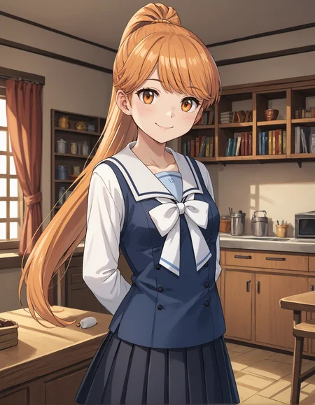 score_9, score_8_up, source_anime, 1girl, upper body, medium shot, detailed, mgrckirarihikaru, orange hair, high ponytail, orange eyes, orange hairpin, white shirt, white sailor collar, dark blue vest, white bowtie, black pleated skirt, hands behind back, smiling, indoors, cabinet, (side view:0.6), <lora:mgrckirarihikaru_XL:1>