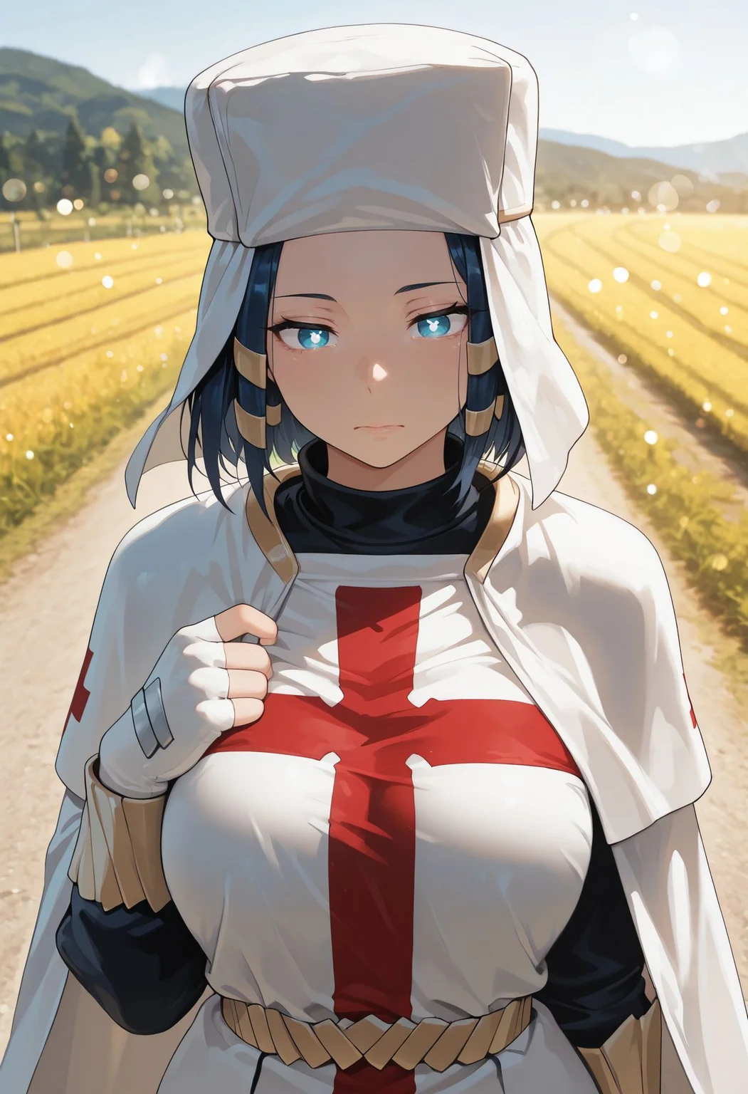 masterpiece,best quality,amazing quality, absurdres, <lora:arrow_fire_force_ilxl_goofy:1> arr0w, arrow pupils, dark blue hair, blue eyes, white pupils, symbol-shaped pupils, white headwear, white cape, yellow belt, red cross, long sleeves, white gloves, fingerless gloves, upper body,outdoors,bokeh, rural, road, field, depth of field,