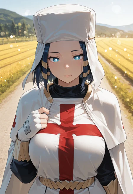 masterpiece,best quality,amazing quality, absurdres, <lora:arrow_fire_force_ilxl_goofy:1> arr0w, arrow pupils, dark blue hair, blue eyes, white pupils, symbol-shaped pupils, white headwear, white cape, yellow belt, red cross, long sleeves, white gloves, fingerless gloves, upper body,outdoors,bokeh, rural, road, field, depth of field,