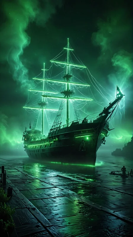 mysterious, a ghostly ship sailing through a foggy night, spectral crew members visible on deck, eerie green glow emanating from the ship, haunting and atmospheric  <lora:neon_style_sdxl:0.8> neonlora, glowing
 <lora:sss:1> sss, translucent, subsurface, scattering
<lora:add-detail-xl:1>
<lora:MJ52:0.35>,
<lora:SDXLFaeTastic2400:0.325>,
(settings by AIDigitalmediaaggency:0.0001),
OverallDetailXL