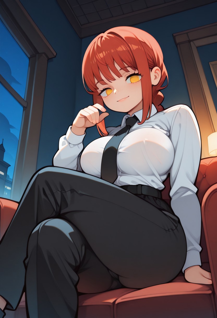 1girl, perfect eyes, absurdres, ambient occlusion, depth of field, intricate background, ethereal glow, ghelber-bari, high quality, 4k, masterpiece, indoors, makima_(chainsaw_man), red hair, yellow eyes white shirt, black pants, crossed legs, large breast, big_breast, big_booty, cute, empty eyes, perfect_face, perfect_body, sitting, bright eyes, saying goodbye, looking at viewer, confident smile, night