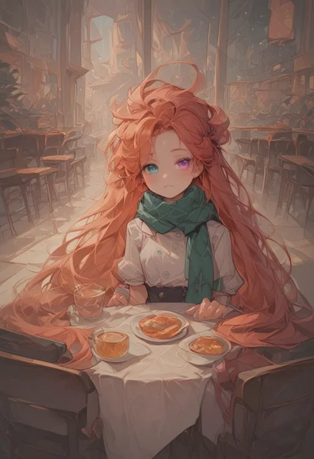 zoemoon, multcolored hair, heterochromia, long hair, very long hair, in a restaurant, cozy atmosphere,FastNegativeV2,negative_hand