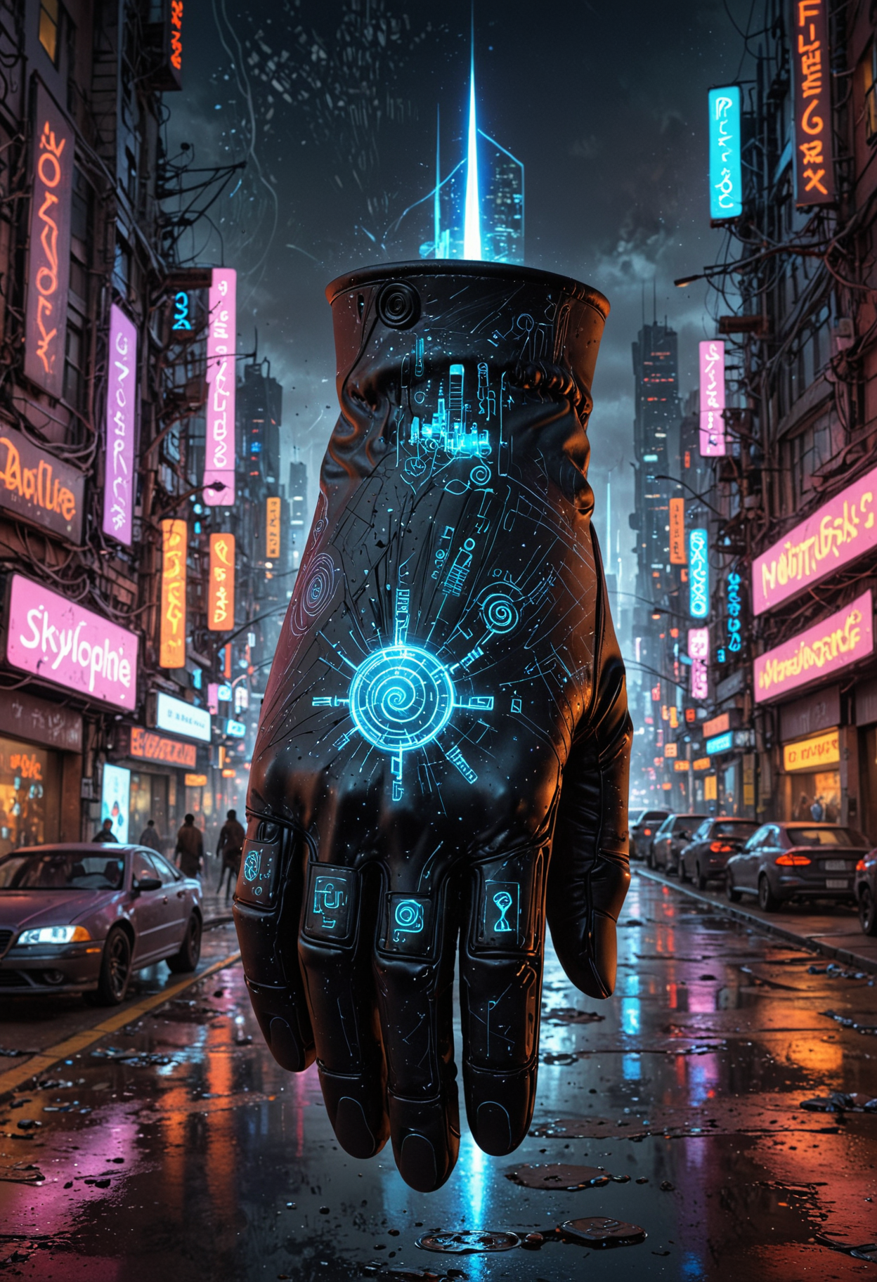 A cutting-edge, cybernetic glove that seamlessly integrates technology and magic. Its sleek, matte-black surface is adorned with holographic sigils that pulse with a rhythmic, ethereal glow. The glove's fingers are adorned with intricate, translucent membranes that crackle with energy. At its core, a miniature vortex of pure magic swirls with untapped potential, ready to be unleashed. It's a fusion of science and the arcane, a symbol of the future's boundless possibilities. The scene is a bustling, neon-lit metropolis of the future. Skyscrapers stretch into the night sky, their surfaces covered in holographic advertisements and shimmering data streams. The streets below are alive with the hum of hovercars and the chatter of augmented reality interfaces. The glove stands at the heart of this cyberpunk cityscape, a beacon of innovation amidst the chaos. Digital illustration  <lora:EpicF4nta5yXL:0.8>