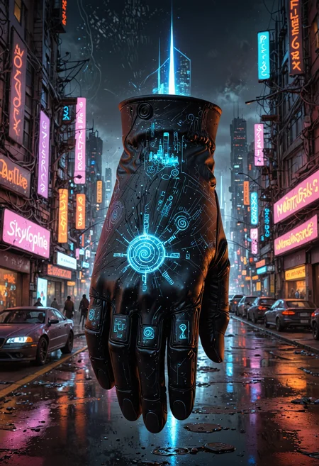 A cutting-edge, cybernetic glove that seamlessly integrates technology and magic. Its sleek, matte-black surface is adorned with holographic sigils that pulse with a rhythmic, ethereal glow. The glove's fingers are adorned with intricate, translucent membranes that crackle with energy. At its core, a miniature vortex of pure magic swirls with untapped potential, ready to be unleashed. It's a fusion of science and the arcane, a symbol of the future's boundless possibilities. The scene is a bustling, neon-lit metropolis of the future. Skyscrapers stretch into the night sky, their surfaces covered in holographic advertisements and shimmering data streams. The streets below are alive with the hum of hovercars and the chatter of augmented reality interfaces. The glove stands at the heart of this cyberpunk cityscape, a beacon of innovation amidst the chaos. Digital illustration <lora:EpicF4nta5yXL:0.8>