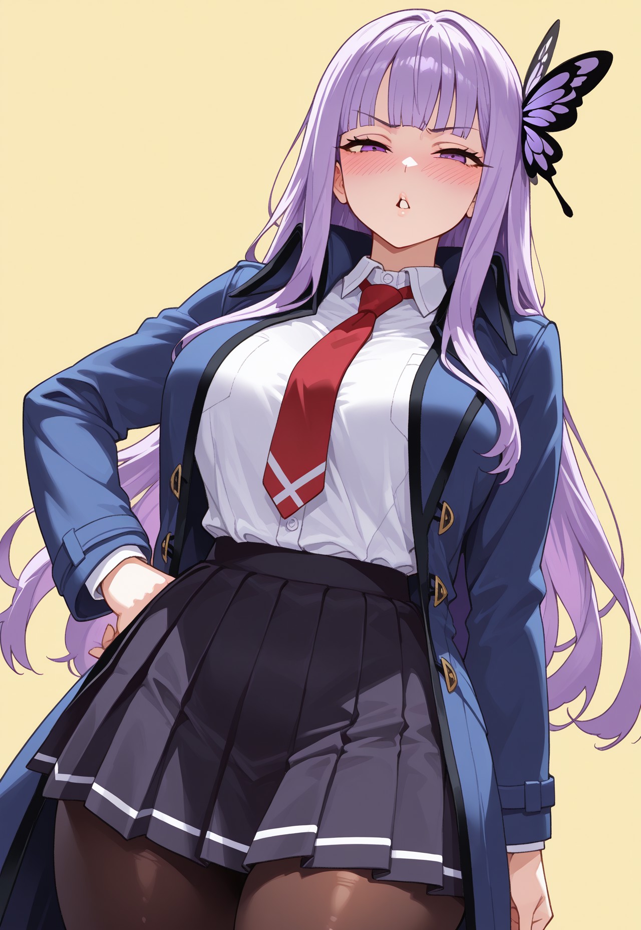 source_anime, 1girl, solo, Kajun, purple eyes, purple hair, thick thighs, blunt bangs, butterfly hair ornament, purple butterfly, white shirt, buttoned shirt, collar, red tie, pleated black skirt, long sleeves, coat, blue Coat, school uniform, brown pantyhose, looking at viewer, blushing, expressive face, cute, parted lips, narrowed eyes, ((covered shoulders, hand on hip)), standing, simple background, yellow background, upper body, dutch angle, masterpiece, best quality