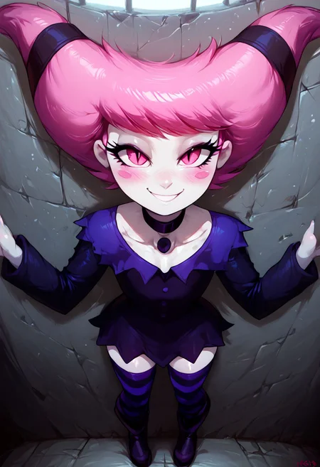 Jail, prison, indoors, dim lighting, 1girl, cute, (cute:1.3), pretty girl, solo, skinny,flat chest, small waist, eyelashes, solo focus, jinx \(dc\) ,striped clothes, thighhighs, standing, pantyhose, striped thighhighs, twintails, choker, dress, short hair, collar, slit eyes, strapless, pink eyes , light pink hair, collarbone, colored skin, pale skin, grey skin, long sleeves,pink blush marks, black High-heeled platform boots with violet soles, pink fingernails, blush marks,, pantyhose underneath dress, boots, score_9, score_8_up, score_7_up, Expressiveh,
Standing, girl look at viewer, hands behind, from above, smug,upper body, smile, half open eyes, closed mouth, tease, pov
<lora:Styles\Twilight Style.safetensors:0.8> , syuro , shiny skin