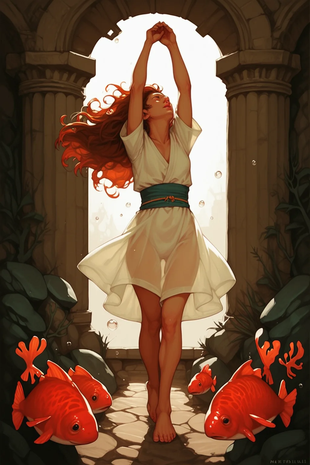 1girl, fish, barefoot, long hair, white dress, dress, bubble, arms up, see-through, looking up, coral, pillar, holding, underwater, air bubble, short sleeves, animal, solo, standing, sash, orange hair, full body, arch, floating hair, ruins, see-through silhouette, brown hair, zPDXL3, detailxl, Score_PnyReal