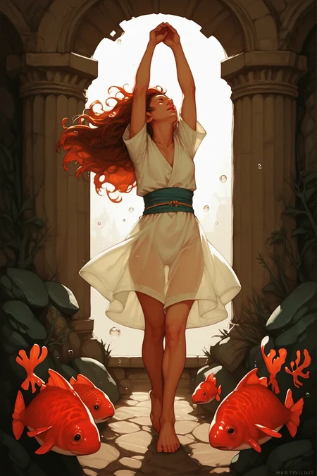1girl, fish, barefoot, long hair, white dress, dress, bubble, arms up, see-through, looking up, coral, pillar, holding, underwater, air bubble, short sleeves, animal, solo, standing, sash, orange hair, full body, arch, floating hair, ruins, see-through silhouette, brown hair, zPDXL3, detailxl, Score_PnyReal
