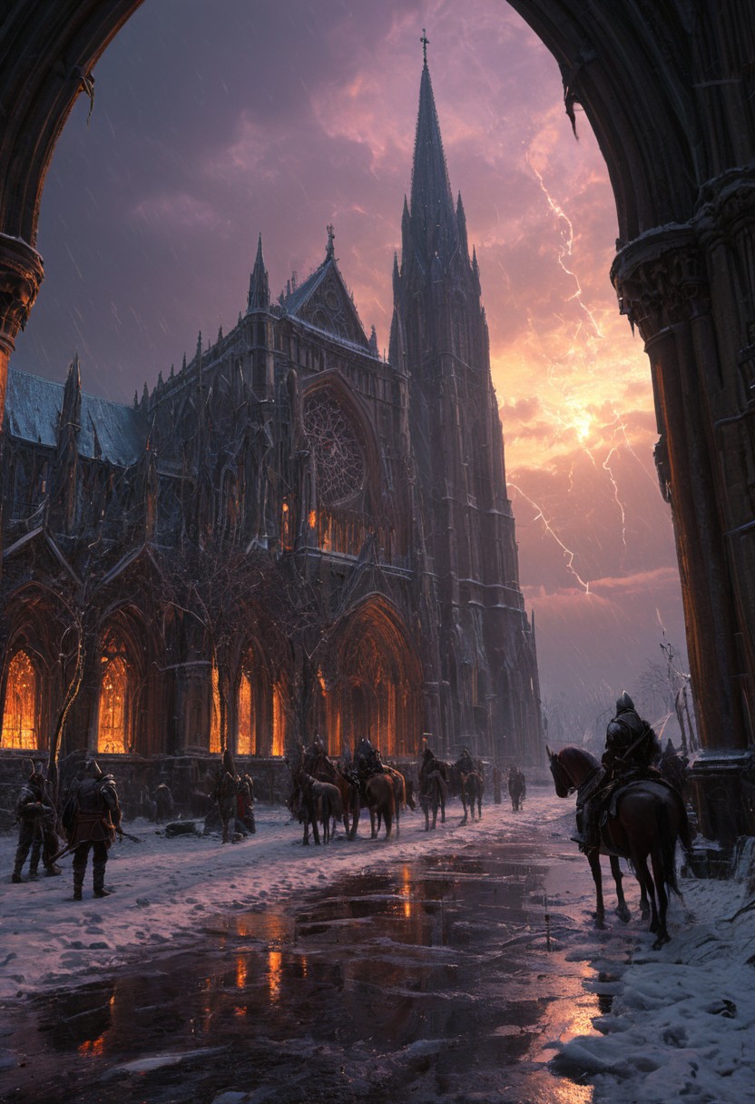 highly detailed, high quality, digital illustration, intricate details, light reflection, cinematic view of a bunch of medieval soldiers, horses , vibring color,  A gothic cathedral covered in ice and snow. Forest. Thunderstorm, lightnings, At sunset, purple and orange hues on the landscape, reflections on rose_windows, Icy, Cold touch, ominous atmosphere, Ground view. Sense of foreboding, water reflection style of Andreas Achenbach, monet,  oil painting,  (reflective volumetric), raytracing, absurdres. scenery, gloomy, dark atmospher , style of Andreas Achenbach