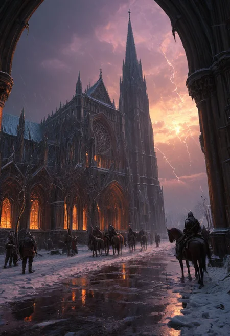 highly detailed, high quality, digital illustration, intricate details, light reflection, cinematic view of a bunch of medieval soldiers, horses , vibring color, A gothic cathedral covered in ice and snow. Forest. Thunderstorm, lightnings, At sunset, purple and orange hues on the landscape, reflections on rose_windows, Icy, Cold touch, ominous atmosphere, Ground view. Sense of foreboding, water reflection style of Andreas Achenbach, monet, oil painting, (reflective volumetric), raytracing, absurdres. scenery, gloomy, dark atmospher , style of Andreas Achenbach
