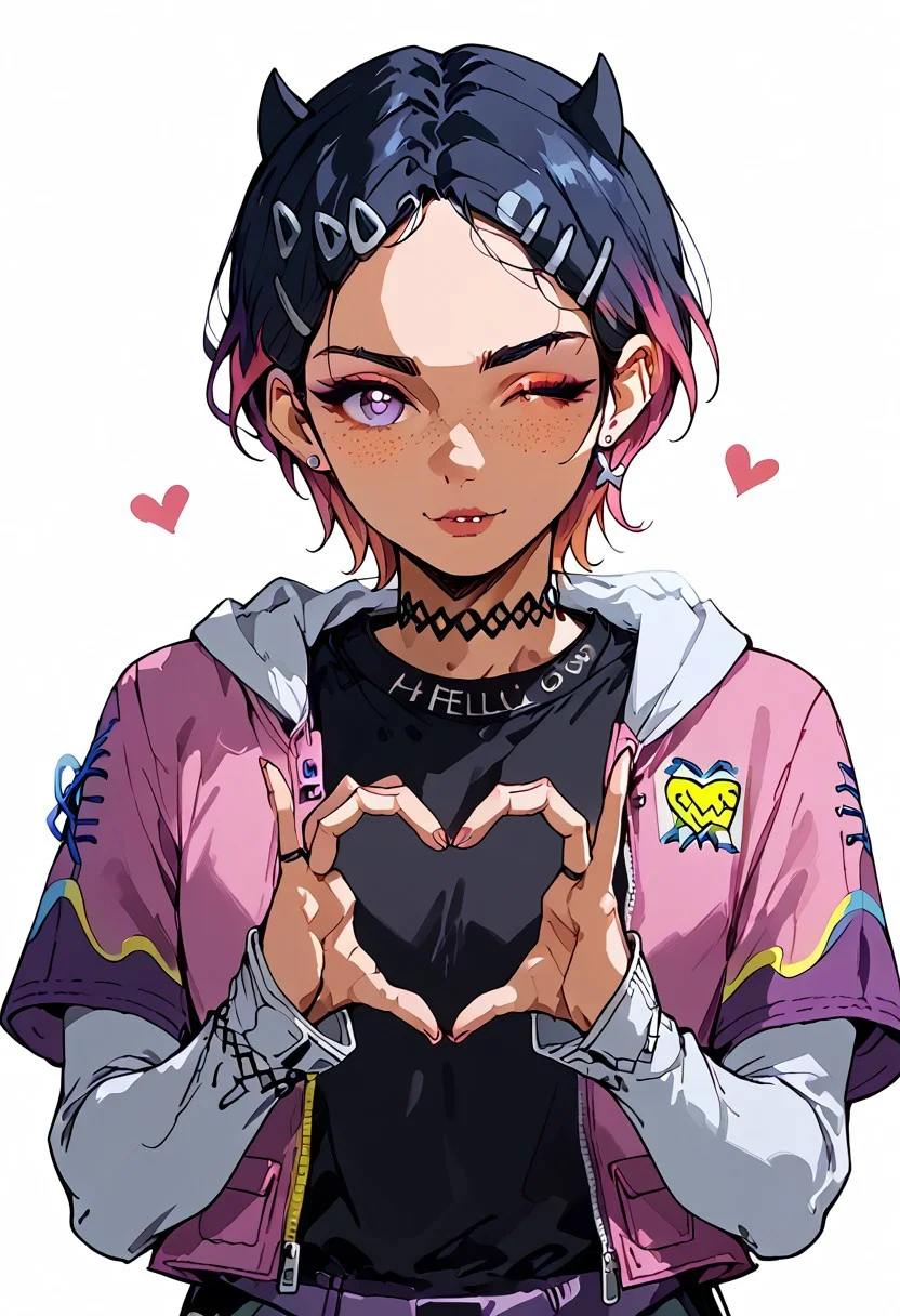 clove (valorant), freckles, solo, looking at viewer, short hair, two-tone hair, eyeliner, choker, jewelry, hairclip, jacket, black shirt, upper body, heart hands, wink, white background <lora:Valorant_Clove-PONY:1>, score_8_up, score_7_up, score_6_up, score_5_up, score_4_up, 0n3sp3g