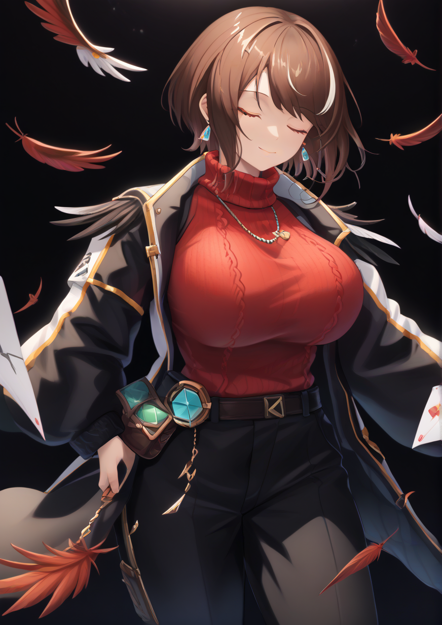 1girl, magallan (arknights), magallan (elite ii) (arknights), the emperor (arknights), huge breast, , black background, black pants, bob cut, brown hair, cameo, case, closed eyes, closed mouth, coat, earrings, envelope, feathers, flower, glowing, jewelry, keychain, light particles, lonely, multicolored hair, pants, pouch, short hair, smile, socks, solo, streaked hair, sweater, turtleneck, turtleneck sweater, unworn coat,  handfixer <lora:HandFixer_pdxl_Incrs_v1:1> <lora:Zzo0:1>