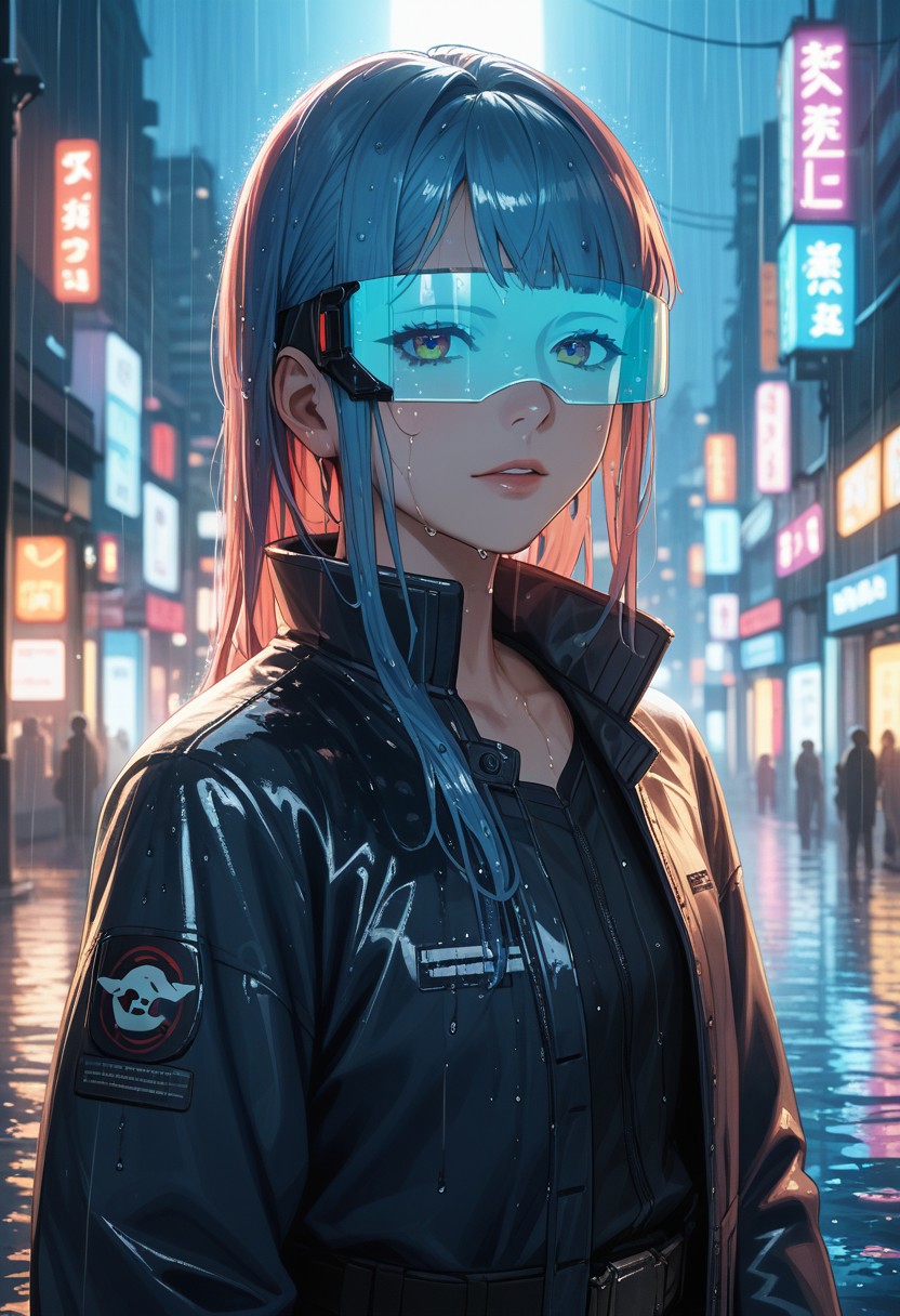 masterpiece, best quality, high quality, high details, source_anime, score_9, score_8_up, score_7_up, extremely detailed,
cyberpunk female samurai with holographic visor, standing in the rain on neon-lit street at night, reflective wet ground, glowing billboards and digital rain around, futuristic katana sheathed on her back, intense expression, long wet hair sticking to her face, dramatic backlight, misty atmosphere, cinematic lighting, anime style, ultra detailed
