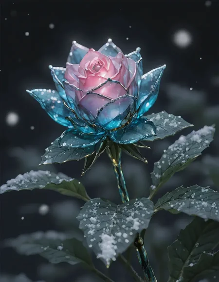 <lora:illustriousXLv01_stabilizer_v1.185c:0.8>a blue ice rose,close-up,transparent,leaf,Iridescent light,snow,black background,masterpiece,high contrast,