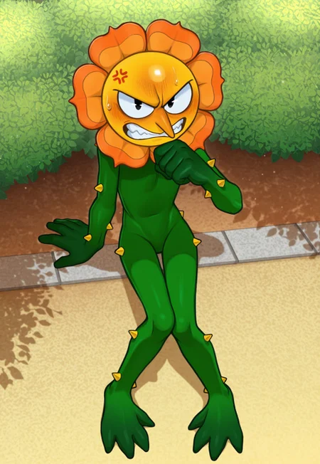 solo, male, plantform, plant boy, 1boy, CagneyCarnation, (orange petals:1.1), yellow face, pointy nose, pac-man eyes, detailed face, perfect eyes, black eyes, large head, round face, masterpiece, hires, absurdres, newest, perfect quality, best quality, ultra-detailed, detailed background, intricate details,
frown, teeth, (embarrassed:1.2), blush, narrowed eyes, half-closed eyes, looking up at viewer, looking at viewer, angry eyebrows, blush, tsundere, cartoonish anthropomorphic flower, orange bloom, green body, plant-like design, leafy hands, leafy feet, feet resemble leafy vines, (yellow thorns, body thorns:1.2), green stem-like body, (slim, skinny:1.1), narrow hips, full body, sitting, on ground, slouching, arm at side, arm support, hand up, wiping mouth, no penis, cocked hip, sweatdrop, anger vein,
BREAK
outdoors, (garden:1.1), flower, bloom, dappled sunlight, high-angle view, from above, shadow, detailed shading, light particles, pollen,