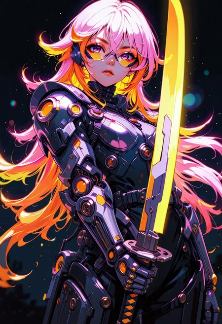 ckym, in the style of ckym, masterpiece, best quality, good quality, very aesthetic, absurdres, newest, 8K, depth of field, focused subject, artist:moriimee, BREAK intricate linework with expressive contrasts, soft lighting with dynamic highlights, image of a Japanese cyborg woman, android body with robot arms, inticate wires and circuits, sci-fi knight armour, cyberpunk glasses, long bioluminescent hair, flowing hair, bangs, holding a glowing neon katana, looking at the viewer, dark background, bokeh, battle-ready stance, perfect hand