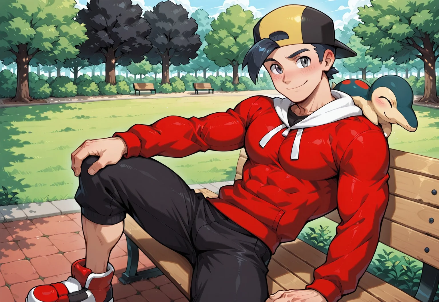 masterpiece, 1boy, solo, muscular twink, handsome, cute face, mature, male focus, broad shoulders, slim waist, handsome face focus, big biceps, big pectorals, sideview,
ethan, black hair, grey eyes,
black with yellow baseball cap, backwards cap, red hoodie, black shirt, abs, black capri pants, red with white shoes,
sitting on bench, legs spread, smile, blushing, park, outdoors, dynamic pose, nature, cyndaquill, pokemon (creature), pokemon on shoulder, source_anime, hands on knees,