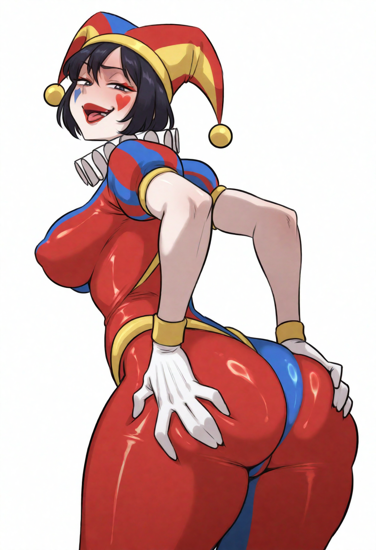 <lora:DittochadNoob02TWretag:1> M1C3S3D7C1H4B8L8R,
from_behind,looking_at_viewer,head_tilt,smug,one_eye_closed,smirk,light_frown,teeth,tongue_out,seductive_smile,
long_eyelashes,ass,ass_focus,grabbing_own_ass,
1girl,solo,purple_eyes,black_hair,short_hair,white_facepaint,pale_skin,pale_face,red_blush_stickers,large_breasts,impossible_clothes,red_lips,
white_background,tight_clothes,shiny_clothes,shiny_skin,jester, jester, jester_costume,jester_girl,striped_headwear,white_gloves,neck_ruff,jester_cap,
saturated, rich_colors,masterpiece, best_quality, very_awa, absurdres, very_as2, hdr, High_dynamic_range, rich_details, clear_shadows_and_highlights, intense, enhanced_contrast, highly_detailed, amazing_quality, very_aesthetic