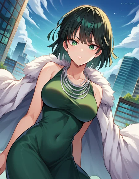 score_9, score_8_up, score_7_up, source_anime,
fubuki, <lora:opm-fubuki-ponyxl-lora-nochekaiser:1>,
fubuki, black hair, green eyes, short hair,
black dress, dress, fur coat, high collar, jewelry, necklace, off shoulder, taut clothes, taut dress,
outdoors, cityscape,
looking at viewer, dutch angle, cowboy shot,