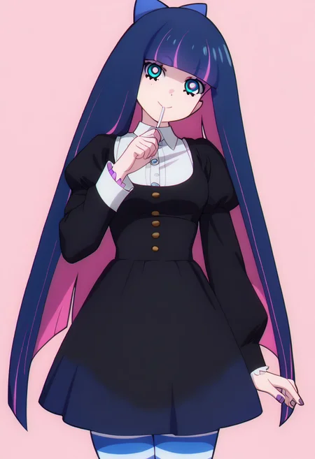 score_9, score_8_up, score_8, medium breasts, (curvy), cute, eyelashes,     
patStocking, stocking anarchy, blue eyes, blue hair, colored inner hair, hair bow, long hair, multicolored hair, pink hair, two-tone hair, bangs, blunt bangs, striped thighhighs, black dress, puffy sleeves, long sleeves, collared shirt, white shirt,
zzLoveLive,, zPDXL,
smile, looking at viewer, head tilt, lollipop,
