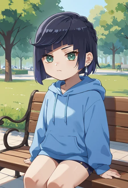 score_9,score_8_up,score_7_up, <lora:xinzoruo_style_pdxl_goofy:1>1girl, yelan \(genshin impact\), alternate costume, bench, black hair, chibi, contemporary, diagonal bangs, green eyes, hood, hoodie, medium hair, outdoors, park, park bench, unamused