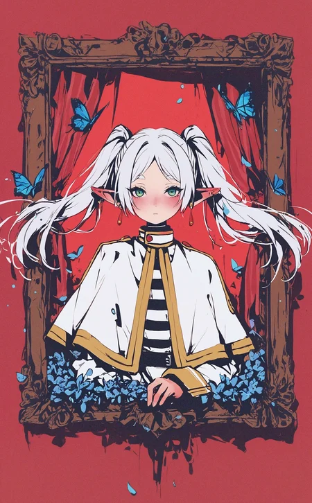 masterpiece, best quality, amazing quality, frieren, 1girl, solo, long hair, looking at viewer, shirt, long sleeves, twintails, green eyes, white hair, flower, earrings, pointy ears, parted bangs, petals, floating hair, capelet, bug, curtains, elf, butterfly, red background, gold trim, blue flower, striped shirt, white capelet, picture frame, blue butterfly, dangle earrings, drop earrings, through medium, red curtains, Karinami Inkblush mode,thick ink outlines,soft marker gradients,era 2020s indie illustration,(Inkblush style:1.2), grunge_anime_aesthetic <lora:noobai_ep11_stabilizer_v0.138_fp16:0.3> <lora:XXX667:0.6> <lora:96YOTTEA-WAI:0.6> <lora:grunge_anime_aesthetic_illustriousXL-000027:0.7> <lora:Karinami_Inkblush_mode_Illustrious_clean:0.5>