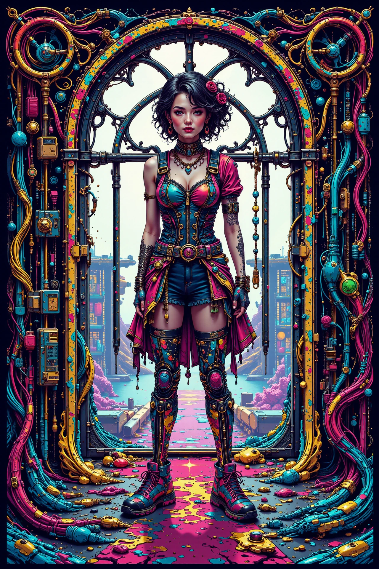 storage room, day, woman, very intricate, very detailed, sharp, bright, colorful, <lora:Hand v2:0.5> <lora:Anti-Blur:1><lora:Insane Detail Slider:0.25>  <lora:flux.1_lora_flyway_Epic-detail_v2:0.3> <lora:fluxenhancer:0.25><lora:ck-Neon-Retrowave:0.4> ck-rw, in the style of ck-rw,  <lora:Neurocore Anime Cyberpunk:0.8> A digital artwork in the style of cknc