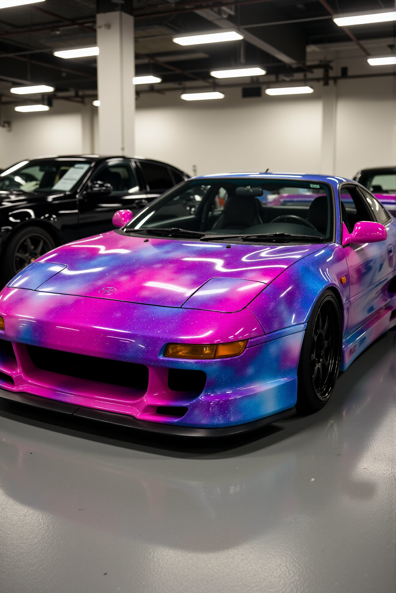 <lora:Toyota_MR2_SW20:0.8>
A Toyota MR2 (SW20) wrapped in a vivid galaxy-themed livery featuring swirling pink galaxies, deep blues, and speckled white starfields, parked in an industrial-style indoor car meet beneath soft fluorescent lighting. The cosmic wrap flows seamlessly across the carâs angular bodywork, from the sharply contoured hood and aggressive front splitter to the sculpted rear haunches. Matte black aero componentsâincluding the wheels, side skirts, and mirrorsâcontrast against the iridescent cosmic palette, while the windshield and windows are deeply tinted, reflecting overhead beams and surrounding cars. The low-slung stance and wedge silhouette are accentuated by the vibrant interstellar visual effect that warps around the carâs sharp geometry. DoubleStream Style Layer: high-contrast automotive photography with soft indoor lighting and industrial backdrop, wrap design inspired by cosmic nebulae and deep space astrophotography, palette of electric pinks, purples, and starburst whites against matte black and tinted glass, JDM legend silhouette captured from a dynamic front three-quarter angle, fusion of sportive design and street-level visual customization culture, with ultra-gloss vinyl wrap showcasing high-fidelity color depth and seamless surface integration.