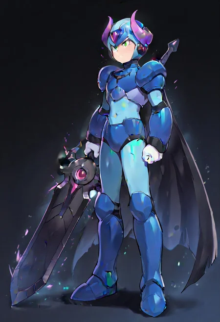 masterpiece, best quality, amazing quality, highres, high resolution, solo, score_9, score_8_up, score_7_up, 1boy, 1boy, :green_eyes, blue_helmet, blue_armor, blue_bodysuit, white_gloves, blue_boots, black greatsword, holding black greatsword, megax, gore magala armor, purple horn ornament, black cape, full body,