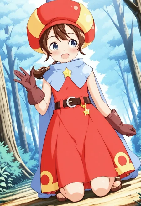 masterpiece,anime_coloring,anime_clothing,amazing_quality, Tokia_DMO, 1girl, gloves, brown hair, ponytail,red yellow hat, star \(symbol\), cape, sleeveless,red dress, long dress,belt,dress skirt,sandals,forest,dynamic angle,open mouth,smile,blush,kneeling close-up face,