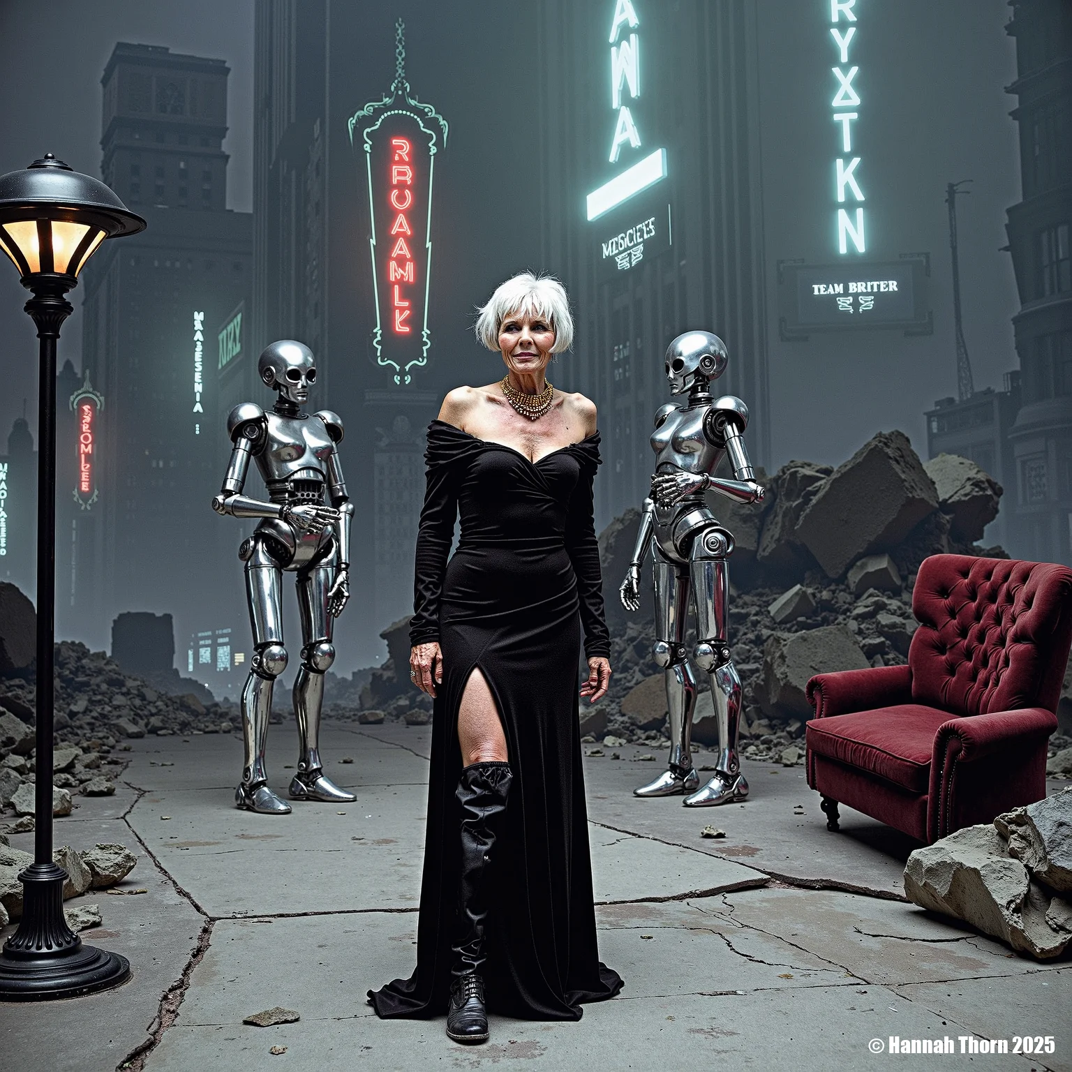 "A lone figure stands in a desolate, futuristic cityscape. She's an elderly woman, her face a roadmap of wrinkles mirroring the cracked pavement beneath her feet. She wears a tattered black gown, reminiscent of old Hollywood glamour, slashed with a high slit revealing a prosthetic leg. A single, art deco lamp casts a stark spotlight on her, illuminating the decay around her. Two robotic sentinels flank her, their metallic gaze fixed on her with an unnerving intensity. Her short, wavy white hair is disheveled, but a gold choker glints at her throat, a defiant touch of faded elegance. The background is a chaotic jumble of decaying skyscrapers, neon signs flickering erratically, and a collapsed velvet sofa serving as a makeshift barricade. The color palette is predominantly muted grays and blacks, punctuated by flashes of cold, artificial light. The overall scene evokes a sense of dystopian glamour, blending the decay of a cyberpunk future with the remnants of a bygone era, captured with a cinematic lens." <lora:_Flux\_Painting\Crepax_Valentina.safetensors:1.0:1.0>