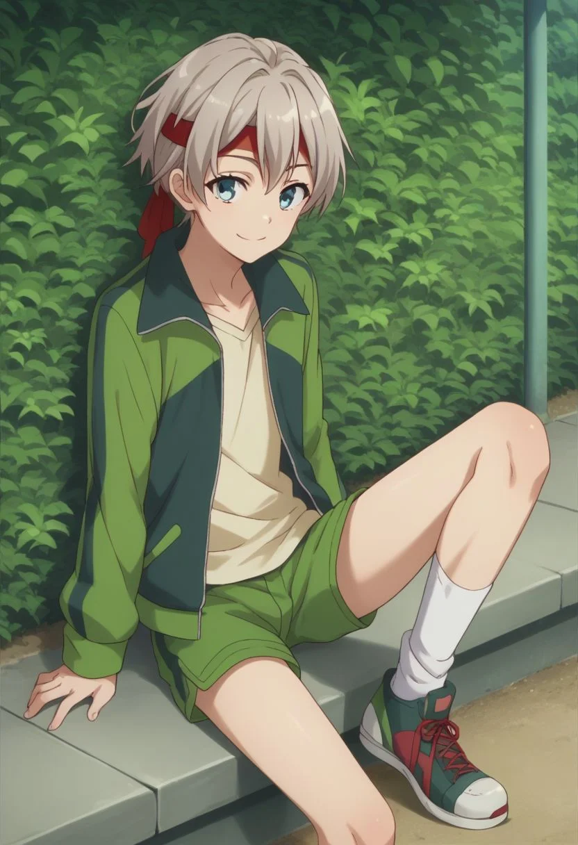 score_9, score_8_up, score_7_up, source_anime, highly detailed,
saika, 1boy, headband, solo, shorts, male focus, grey hair, pants, jacket, green shorts, red headband, shirt, layered sleeves, cute, skinny, smile, socks, sneakers,
outdoor, sit,
