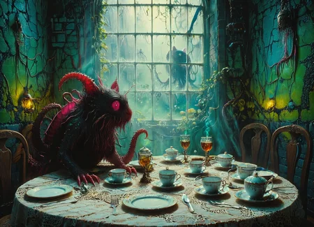 Ombre color scheme of neon pink, neon blue, neon yellow, neon green, neon orange, cinematic photo (in style of ELDRITCH:1.3) a (tea party of:1.5) monstrous [octopus|rat] <lora:fx-monsters-XL:0.3> <lora:sss:0.8> <lora:add-detail-xl:1> <lora:1980s_Fantasy_Style_test_2:0.68> 1980s Fantasy Style <lora:hp_lovecraft_XL:0.32> hp_lovecraft_style <lora:The_Horror_Style:0.8>, 35mm photograph, film, bokeh, professional, 4k, highly detailed, subsurface scattering, Photorealistic, Hyperrealistic, analog style, realistic, film photography, soft lighting, heavy shadow, detailed skin texture, (blush:0.5), (goosebumps:0.5), subsurface scattering