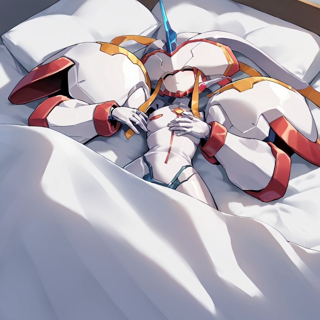 score_9, score_8_up, score_7_up, score_6_up, score_5_up, score_4_up, source_anime,  Strelizia, robot, in bed, sleeping, blanket
