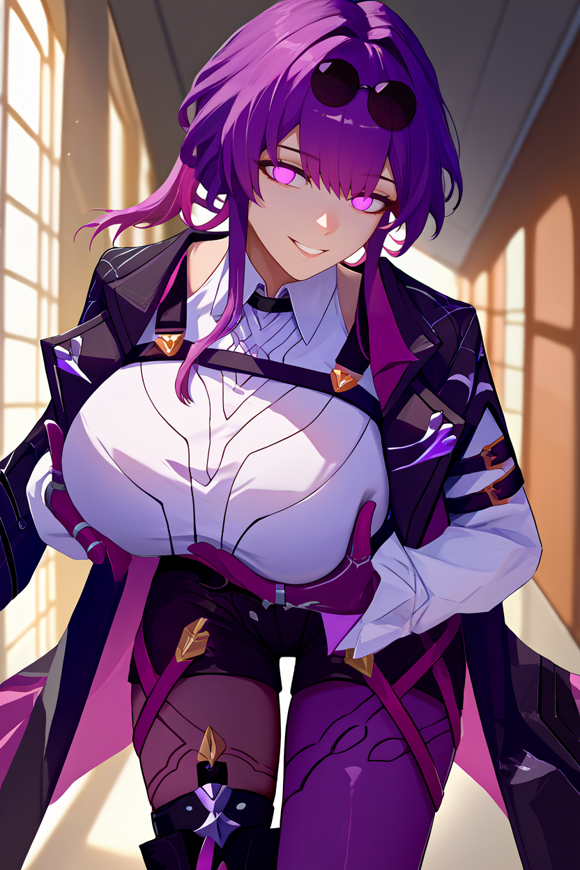 score_9, score_8_up, score_7_up, score_6_up, source_anime, 1girl, solo, <lora:kafka-pdxl-nvwls-v1-000005:1> hsrkf, purple hair, purple eyes, blank eyes, ponytail, sunglasses on head, black jacket, collared shirt, white shirt, long sleeves, high-waist shorts, black shorts, purple gloves, black shorts, purple straps, thigh straps, purple pantyhose, single thighhigh, boots, huge breasts, breast lift, grin, looking at you, hallway, mansion, upper body, leaning forward, close-up