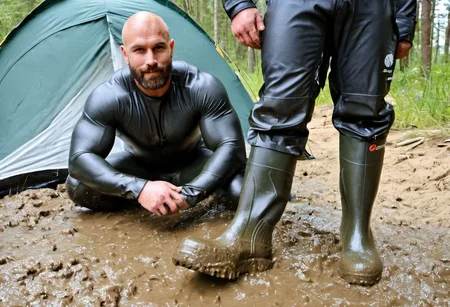 2men, full body  two 20yo handsome musclebear men, strong muscular, hairy men, strong side lighting, sharp focus, skin texture, extremely detailed, wearing wetsuit,  wearing rubber boots, strong body, lay on floor, open legs, in front of a small camping fire, in front of a camping tent, bald, short beard, kissing, rubber boots, muddy, mud, mud on body, dirty rubber boots