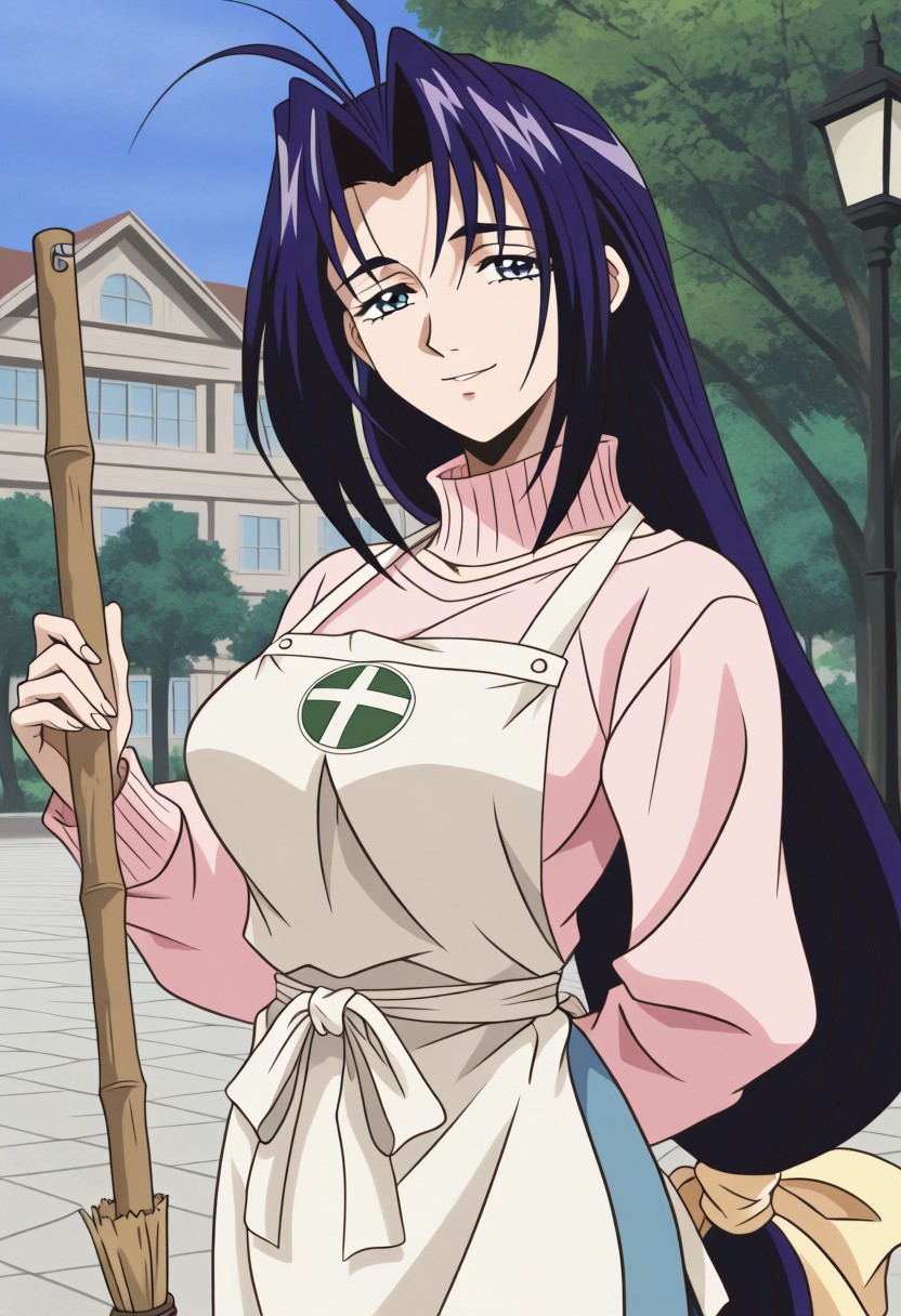 masterpiece, best quality, newest, highres, uncensored, 1girl, yokota mamoru style,1girl, slender face，motion lines,sedutive smile,torogao,looking at the viewer
Amou Miyuki OVA,Black Hair, Blue Hair, Curtained Hair, Parted in Middle, Ponytail, Waist Length Hair,Blue Eyes, Tareme Eyes,Big Breasts,1girl, solo, apron, broom, long hair, outdoors, blue hair, day, tree, low-tied long hair, building, very long hair, sweater, blue eyes, lamppost, long sleeves, sky, braid，The image is a digital illustration in an anime style, featuring a young woman with long, dark purple hair styled in a ponytail tied with a yellow ribbon. She has fair skin and piercing blue eyes, giving her an expressive, slightly contemplative demeanor. She is dressed in a pastel pink long-sleeved shirt and a white apron, adorned with a small green emblem on the left side.