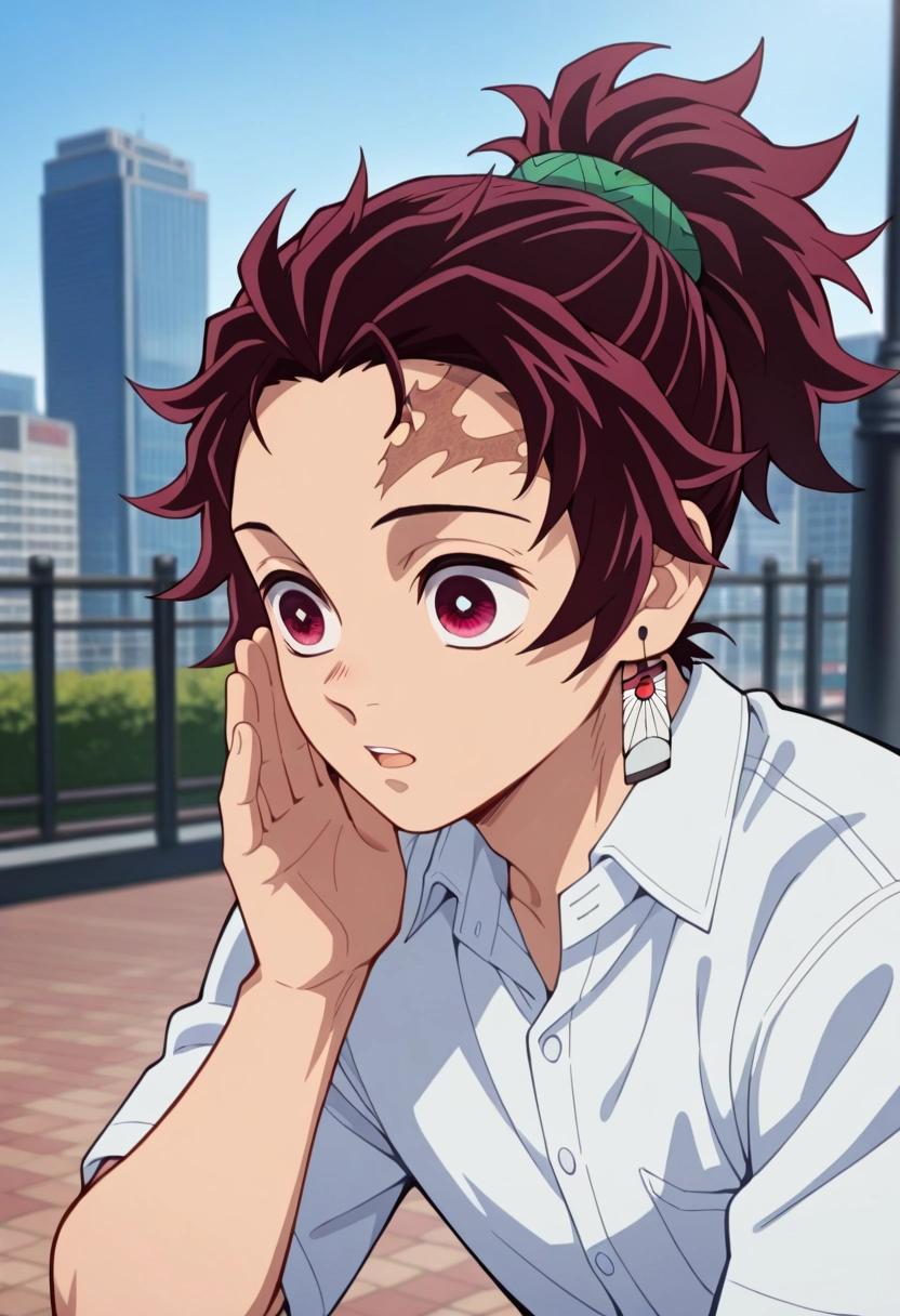 masterpiece, best quality, intricate details, (photorealistic:0.6), , , 1boy, solo, male focus, <lora:tanjirou_kamado_ilxl:0.82>, tanjirou_kamado, 1boy, red hair, red eyes, short hair, scar on forehead, ponytail, City Park Dramatic Cliffs,Spindle,Decomposing Matter,Whispering Breeze, ,