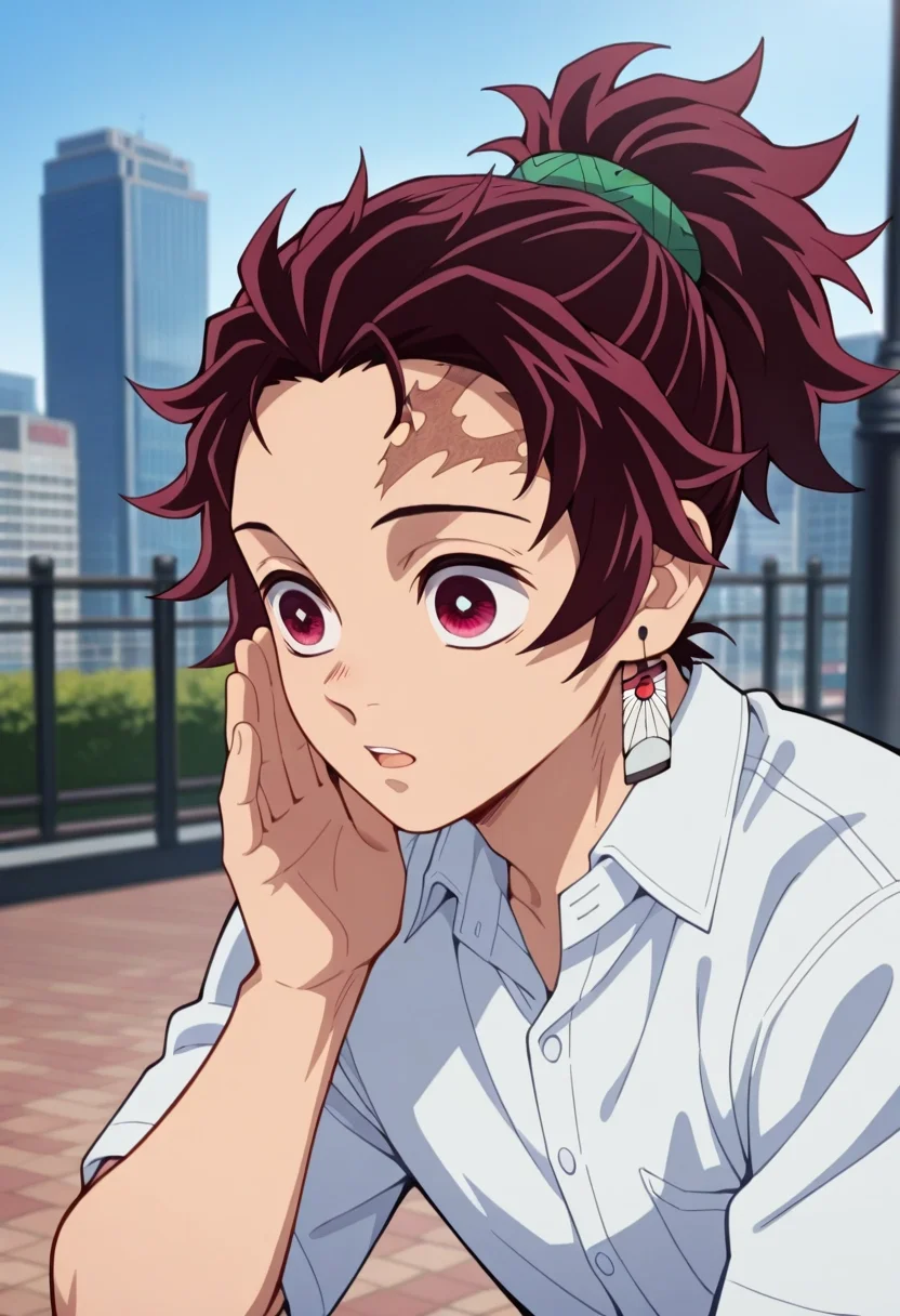 masterpiece, best quality, intricate details, (photorealistic:0.6), , , 1boy, solo, male focus, <lora:tanjirou_kamado_ilxl:0.82>, tanjirou_kamado, 1boy, red hair, red eyes, short hair, scar on forehead, ponytail, City Park Dramatic Cliffs,Spindle,Decomposing Matter,Whispering Breeze, ,