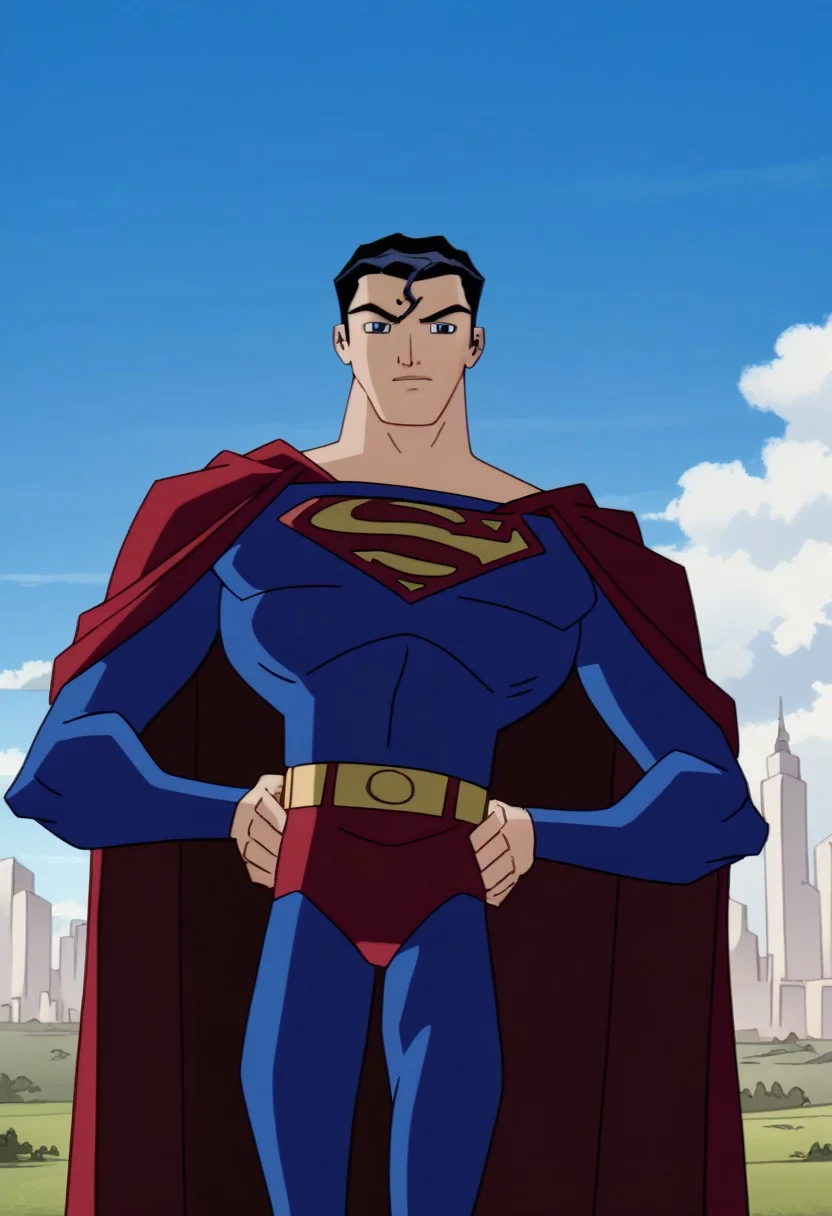 Score_9_up, score_8_up, score_7_up, best quality, highly detailed, ultra high quality, masterpiece, high res, 1boy, solo, Superman, Super Black Hair, Blue Eyes, Red Cape, Blue Body Suit, Muscular, Muscular Male, Pectorals, Superhero, ((looking at viewer)), cowboy shot, outdoors, clouds, day, blue sky background, closed mouth, hands on hips
