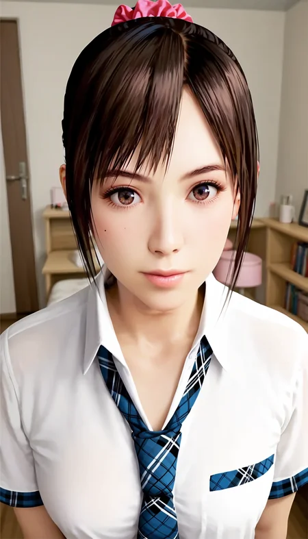 score_9,score_8_up,score_7_up,
<lora:miiyamotoHikari:0.8>,miiyamotohikari,1girl,solo,
vignetting,blurry background,
realistic,black hair,ponytail,bangs,scrunchie,pink scrunchie,
brown eyes,
school uniform,white shirt,skirt,necktie,plaid necktie,blue plaid necktie,
indoors,bedroom,
looking at viewer,rejection,resistance,unhappy,closed mouth,lips,medium breasts,
upper body,portrait,face focus,