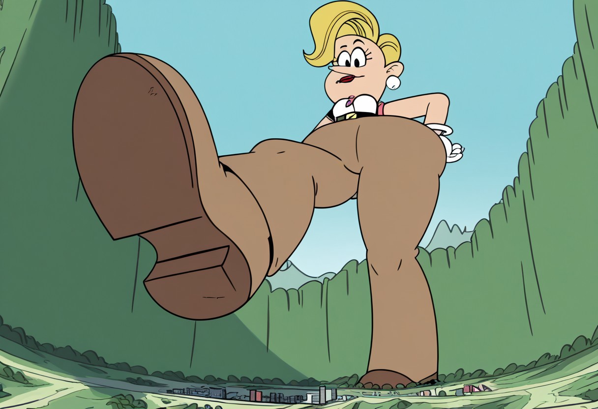 score_9, 1girl, solo,Jancey, blonde hair, short hair, black eyes, lipstick, earrings, narrow waist, wide hips, brown pants, belt, boots, full body,high quality, high res, 4k, best anatomy, giantess, facing viewer, under foot pov, standing, hyper hips, from below, city underneath, landscape.
