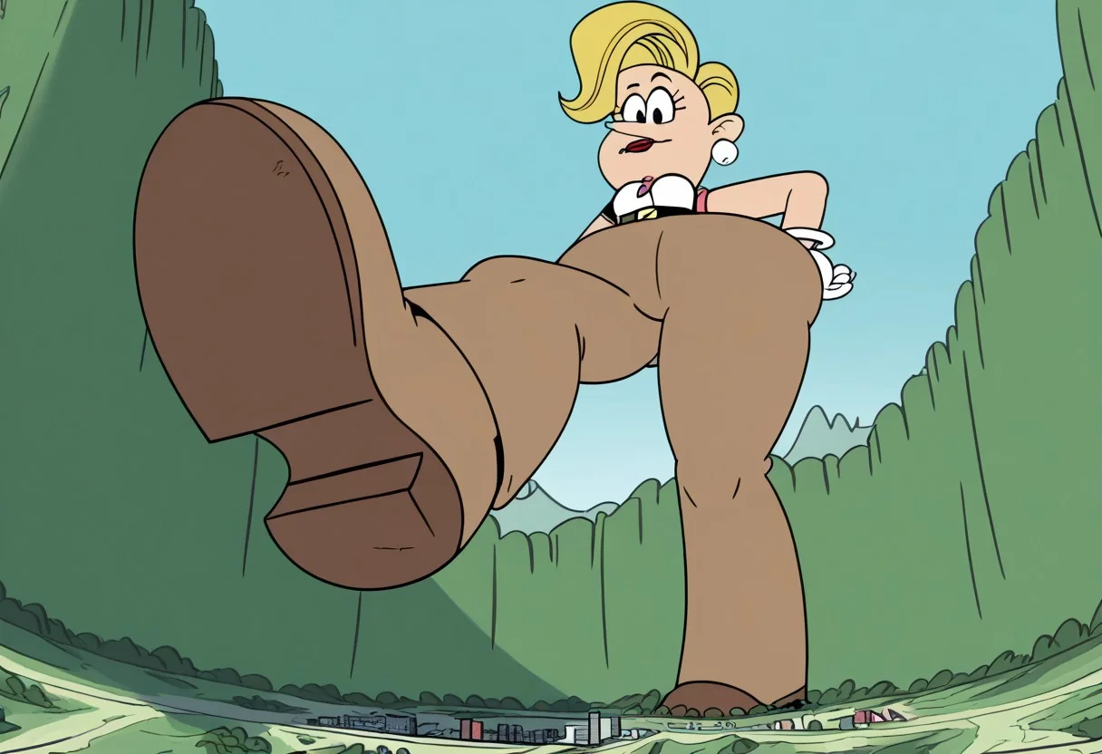 score_9, 1girl, solo,Jancey, blonde hair, short hair, black eyes, lipstick, earrings, narrow waist, wide hips, brown pants, belt, boots, full body,high quality, high res, 4k, best anatomy, giantess, facing viewer, under foot pov, standing, hyper hips, from below, city underneath, landscape.