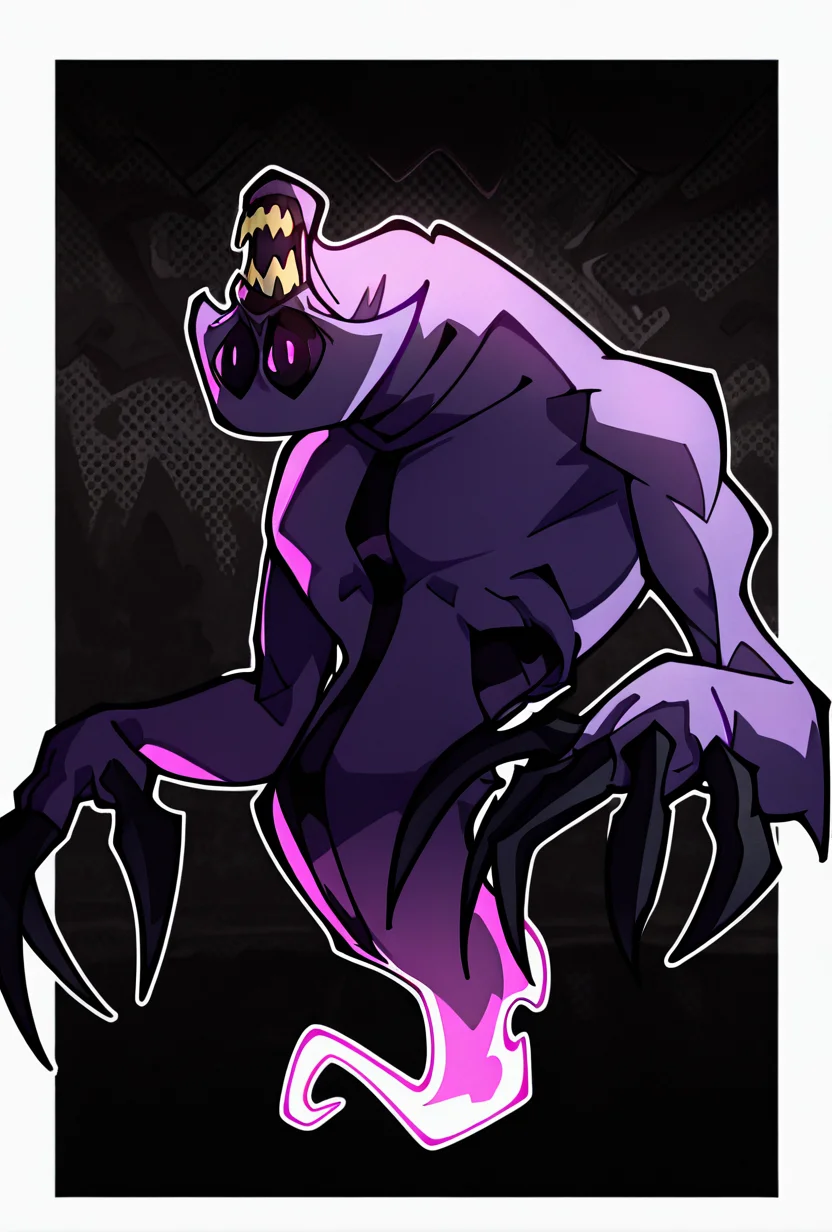 <lora:zskayr-10:1> zskayr, no humans, solo, monster, teeth, black claws, pokemon (creature), single purple eye, , purple skin, sharp teeth, , black sclera,, ghost tail, upper body, , no legs, dynamic pose,   <lora:sakfsdajfkasd:1> alpharecdyt,, masterpiece, best quality, amazing quality, very aesthetic, absurdres, newest,, upper body, halftone effect, white borders, abstract background:1.2,