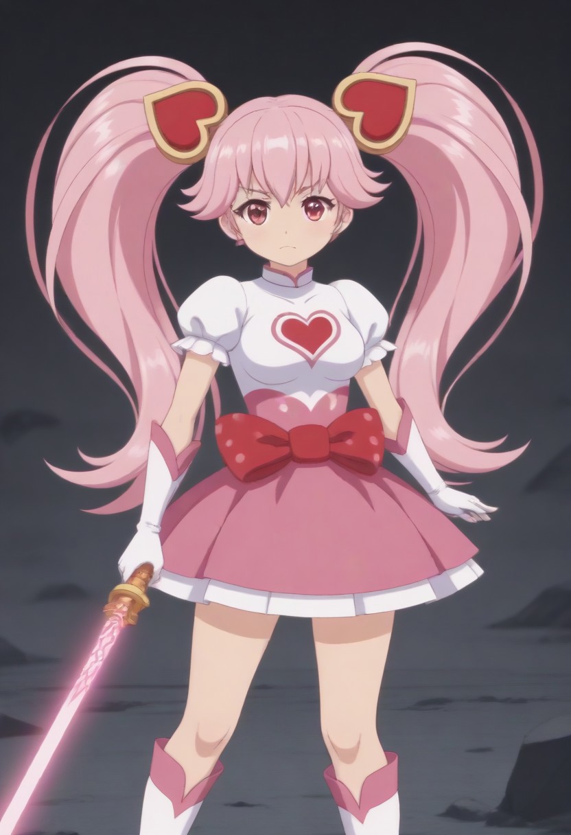 (outdoor, rubble, fantasy background, dim lighting:1.5), 
8k, super high vision:, intricate details, Super high quality, Super high resolution, masterpiece, full color, (anime art, anime screencap:1.5), 
super cute girl, super cute face, 
narrow waist, top heavy, tiny hips, small hips, skinny, tiny hips, hips, thigh, thighs, 
(brave perspective, holding sword, hold with both hands, thunder sword, 
dynamic, standing:1.5), 
(magical girl, short sleeve, skirt, knee socks:1.5), 
(beautiful breasts, medium breasts:1.5), 
(1girl, soro:1.5), 
(lyrica, long hair, pink hair, twin tails, heart twintail ribbon, short girl, petite, cowboy shot:1.5),