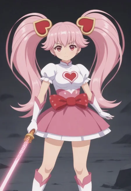 (outdoor, rubble, fantasy background, dim lighting:1.5),
8k, super high vision:, intricate details, Super high quality, Super high resolution, masterpiece, full color, (anime art, anime screencap:1.5),
super cute girl, super cute face,
narrow waist, top heavy, tiny hips, small hips, skinny, tiny hips, hips, thigh, thighs,
(brave perspective, holding sword, hold with both hands, thunder sword,
dynamic, standing:1.5),
(magical girl, short sleeve, skirt, knee socks:1.5),
(beautiful breasts, medium breasts:1.5),
(1girl, soro:1.5),
(lyrica, long hair, pink hair, twin tails, heart twintail ribbon, short girl, petite, cowboy shot:1.5),