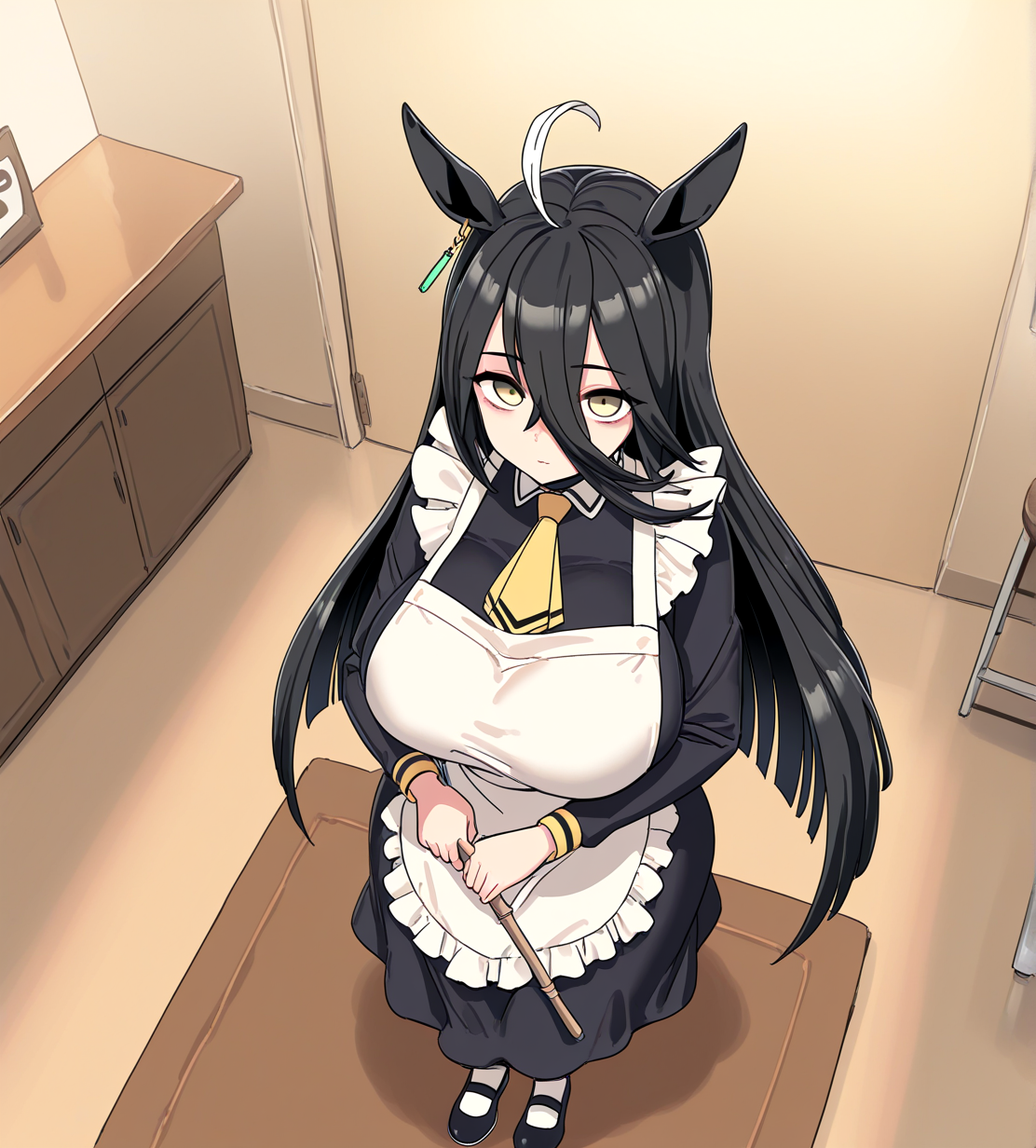 <lora:LUXsumildo:1.2>,1girl, manhattan cafe \(umamusume\), huge breasts, wide hips, umamusume, ahoge, alternate costume, animal ears, apron, ascot, black footwear, black hair, broom, cafe, closed mouth, doormat, enmaided, from above, hair between eyes, holding, holding broom, horse ears, horse girl, indoors, long hair, long sleeves, looking at viewer, maid, maid apron, solo, stool, very long hair, yellow ascot, yellow eyes, 
very awa, masterpiece, best quality, highres, absurdes,amazing quality,very aesthetic,intricate details, <lora:hand 5.5:1>